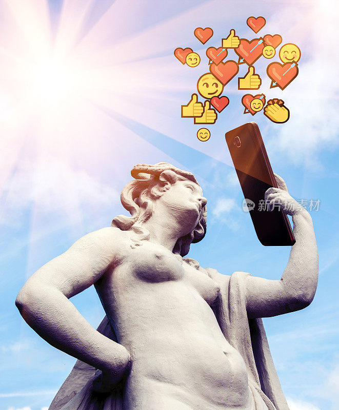 这是爱神阿芙洛狄特(维纳斯)用手机自拍的抽象画，获得了很多赞和爱心。(社交媒体成瘾â概念)